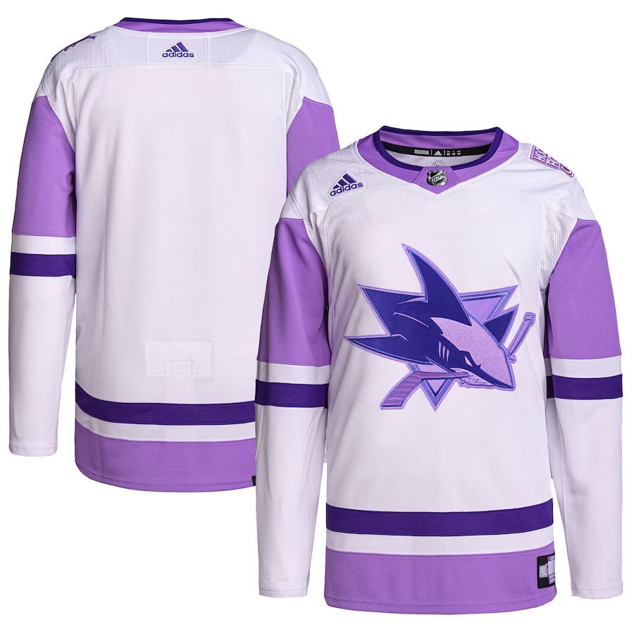 Men San Jose Sharks adidas White Purple Hockey Fights Cancer Primegreen Authentic Blank Practice NHL Jersey